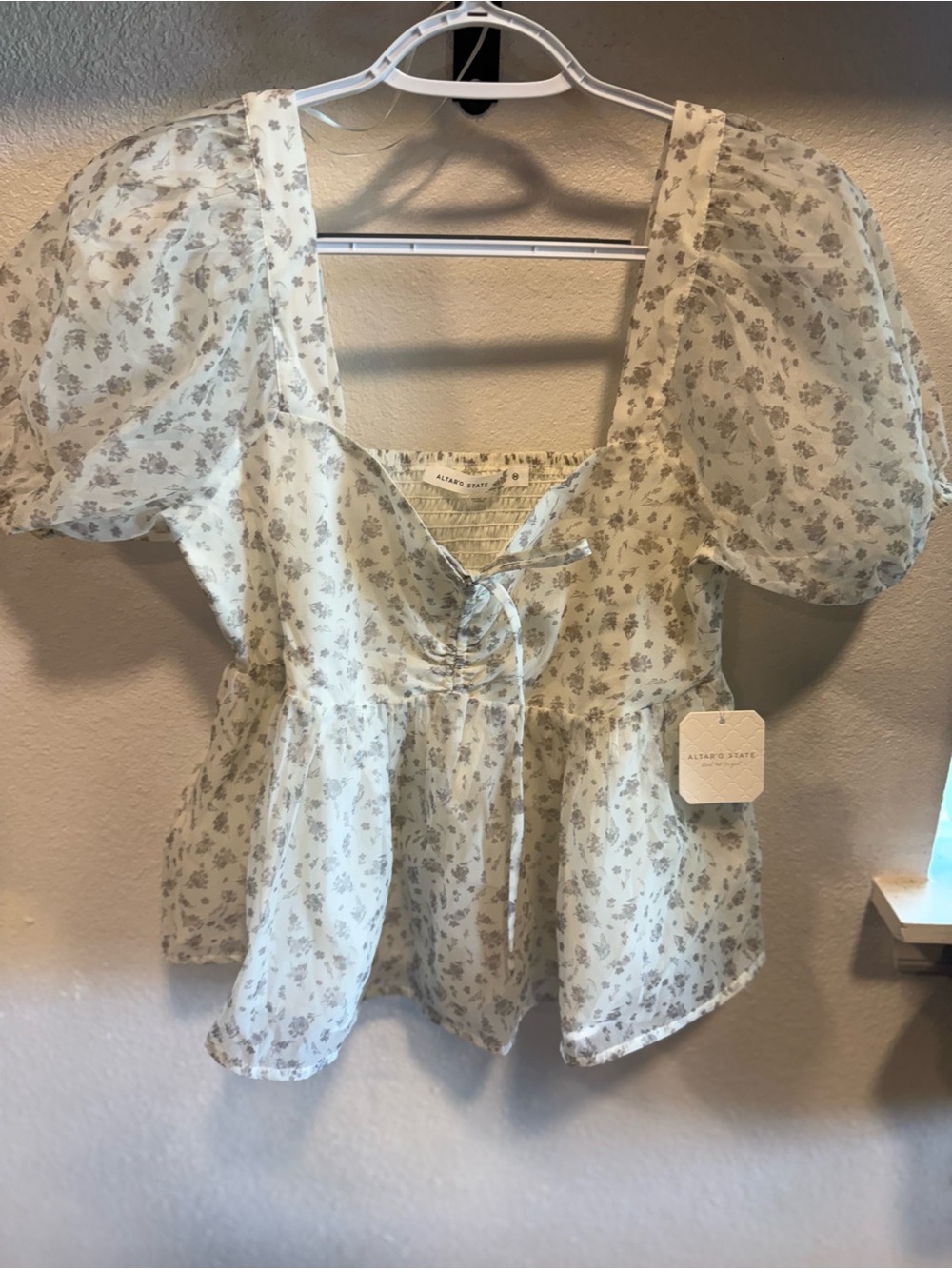 Altar'd State Cream Floral Puff-Sleeve Peplum Blouse